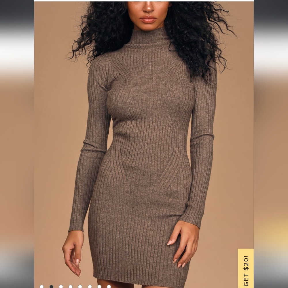 Lulu's Taupe Mock Neck Ribbed Sweater Dress